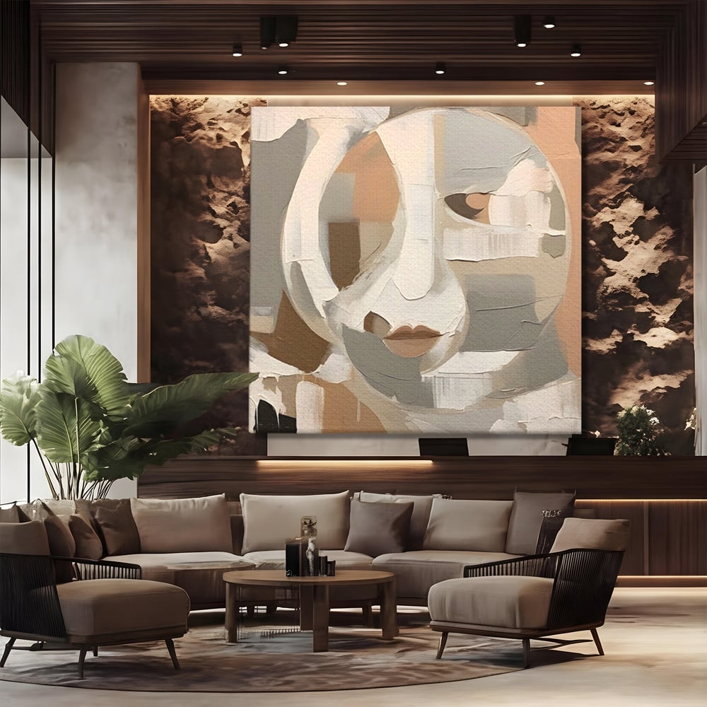 Tablou canvas cu pictura abstracta cu chip stilizat si buze, fara rama, pe sasiu de lemn, pe perete intr-un birou